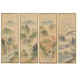 Japanese School (20th century) - The four seasons, a mountainous river landscape with figures on a