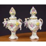 Pair of 19th century German Porzellanmanufaktur Plaue porcelain pot pourri vases with covers, with