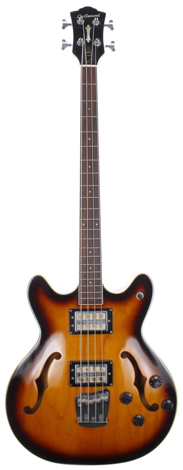 DeArmond by Guild Starfire bass guitar, made in Korea; Body: sunburst finish, a few minor dings;