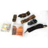 Five guitar straps to include an original 60s Selmer strap, two old Fender guitar straps and two