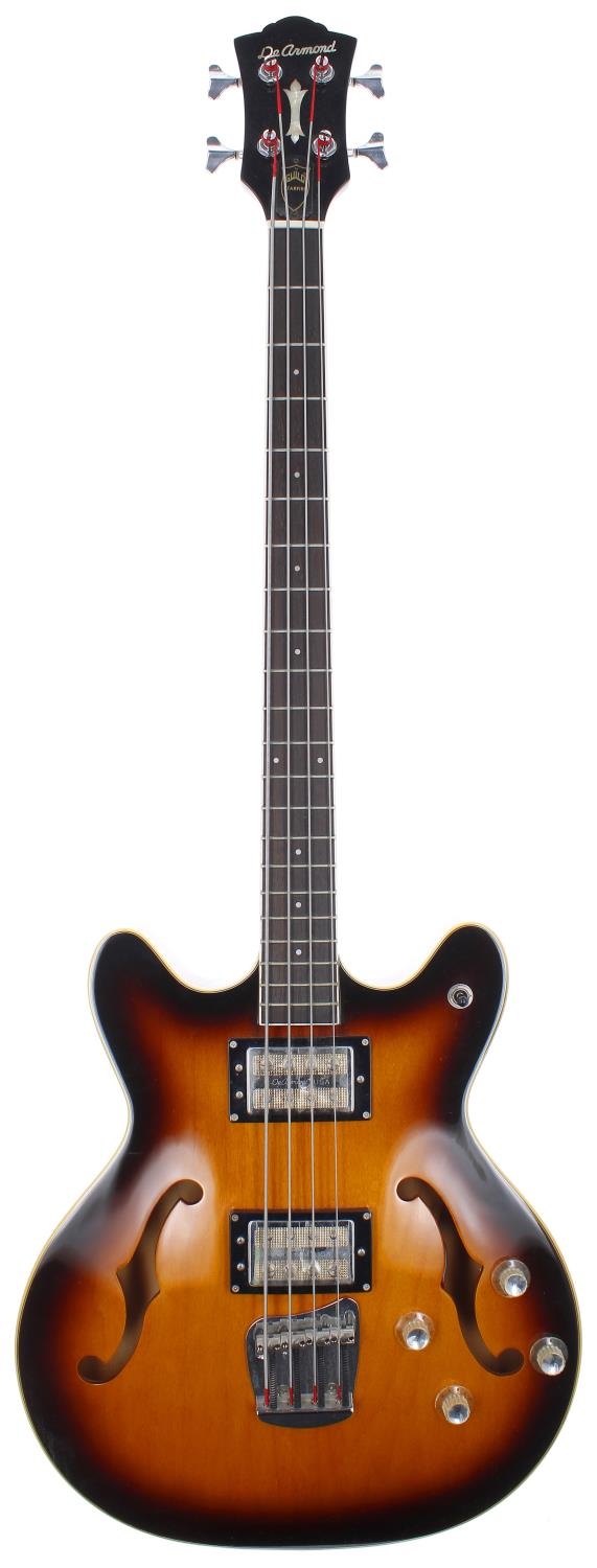 DeArmond by Guild Starfire semi-hollow body bass guitar, made in Korea; Body: sunburst finish; Neck: