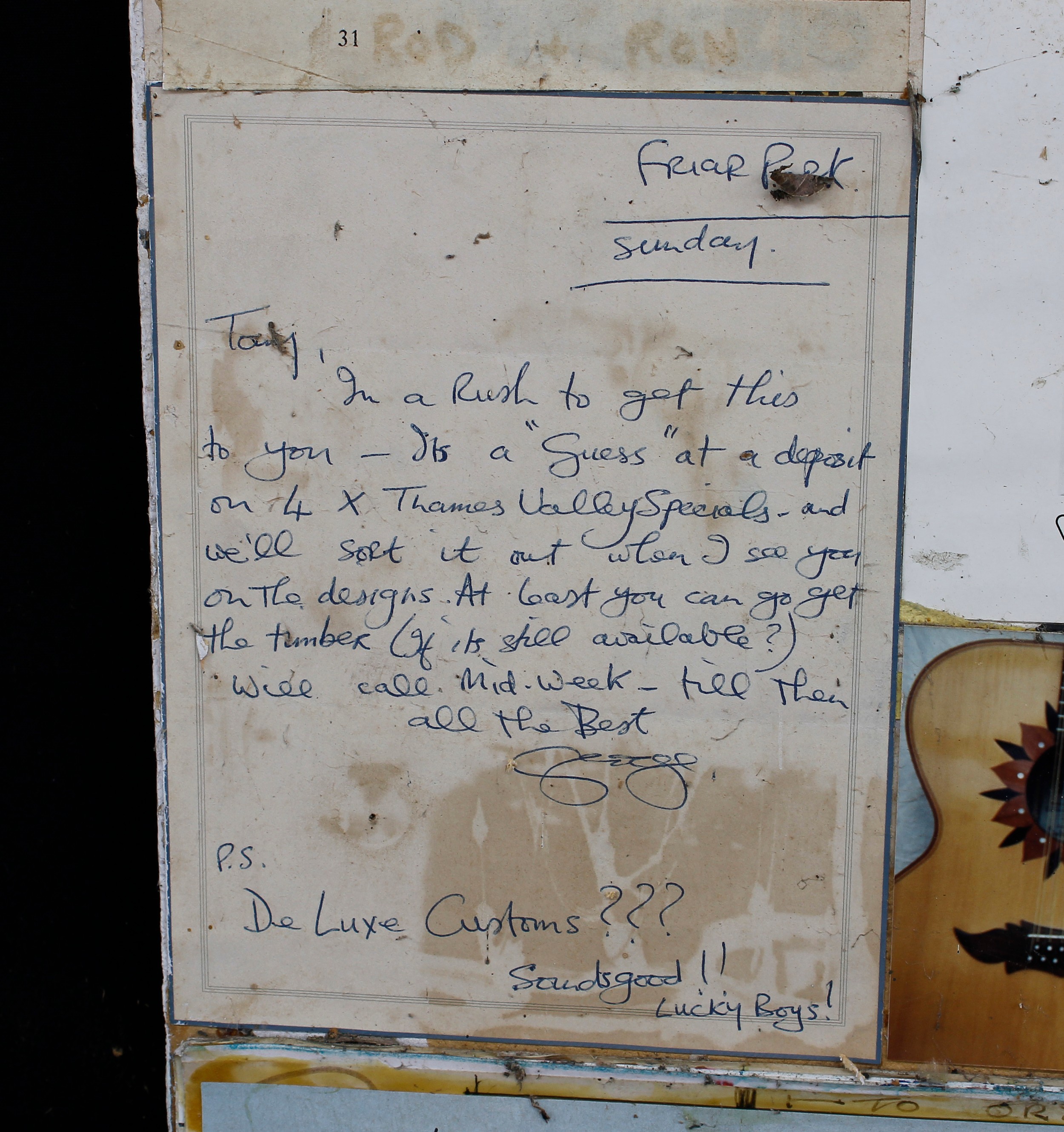 Tony Zemaitis and George Harrison - a large section of fibreboard removed from the wall of the