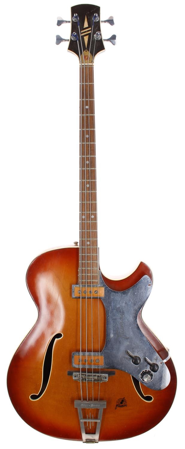 1960s Framus Star Bass 5/150 hollow body bass guitar, made in Germany; Body: brown shade finish,