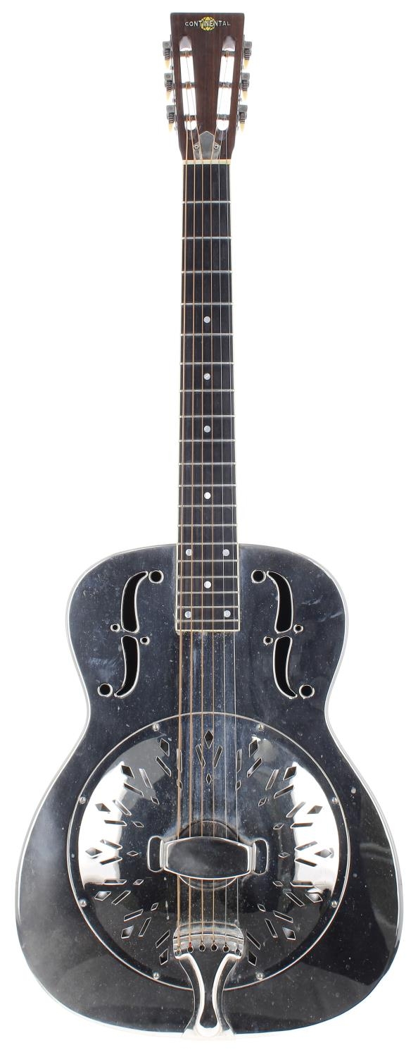 1990s Continental Style O resonator guitar; Body: polished steel, scuffs and marks; Neck: good;