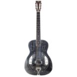 1990s Continental Style O resonator guitar; Body: polished steel, scuffs and marks; Neck: good;