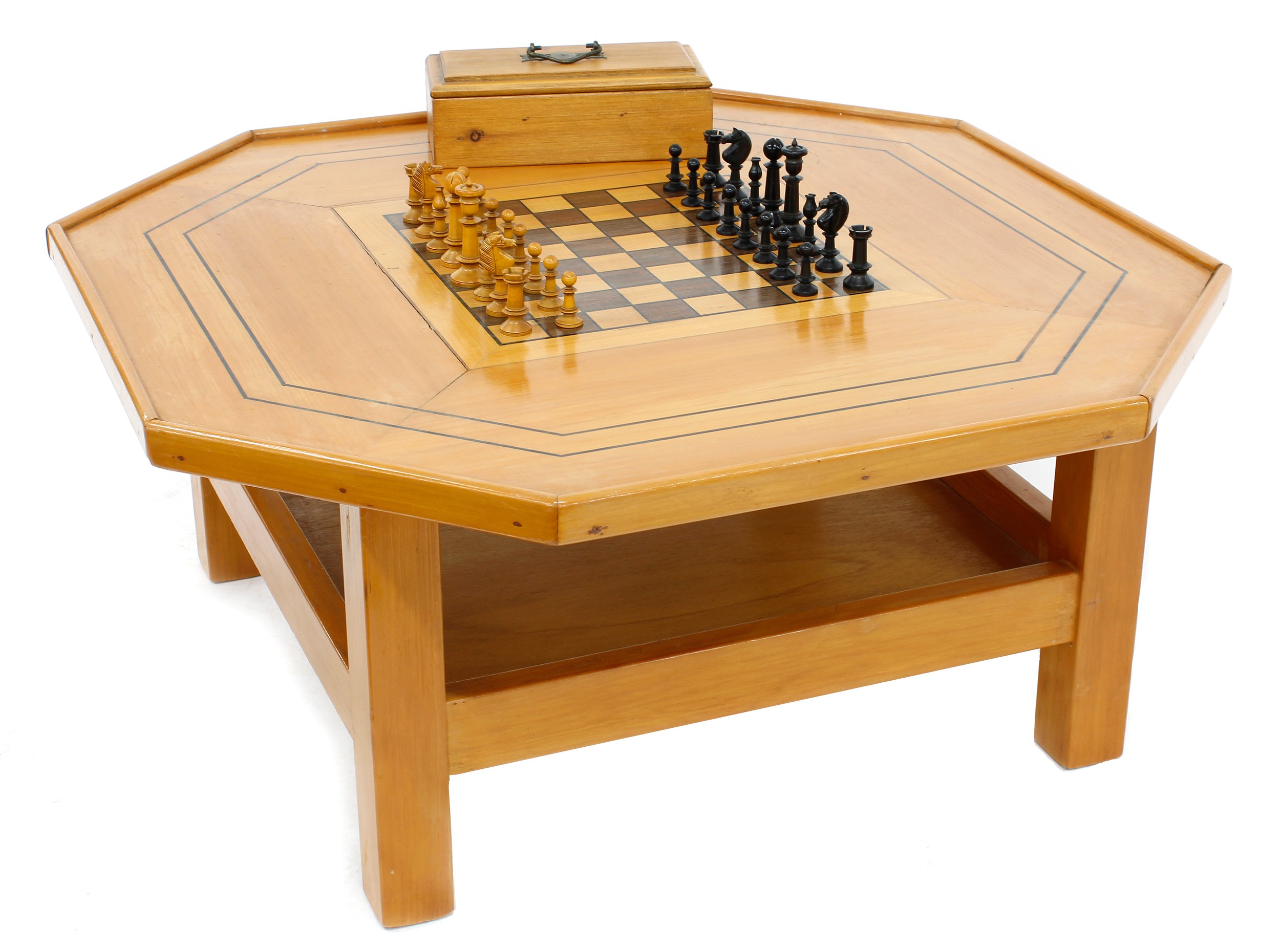 Tony Zemaitis - an octagonal two tier pine coffee table with chess board centre, 33.5" wide, 15"