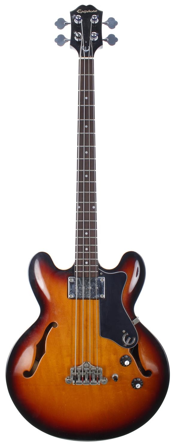 1994 Epiphone Rivoli semi-hollow body bass guitar, made in Korea; Body: vintage sunburst finish, a