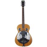 Regal round neck resonator guitar; Body: natural finish; Neck: good; Fretboard: rosewood; Frets: