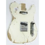 Tele style guitar body for projects, with distressed off-white finish, fitted with electronics and