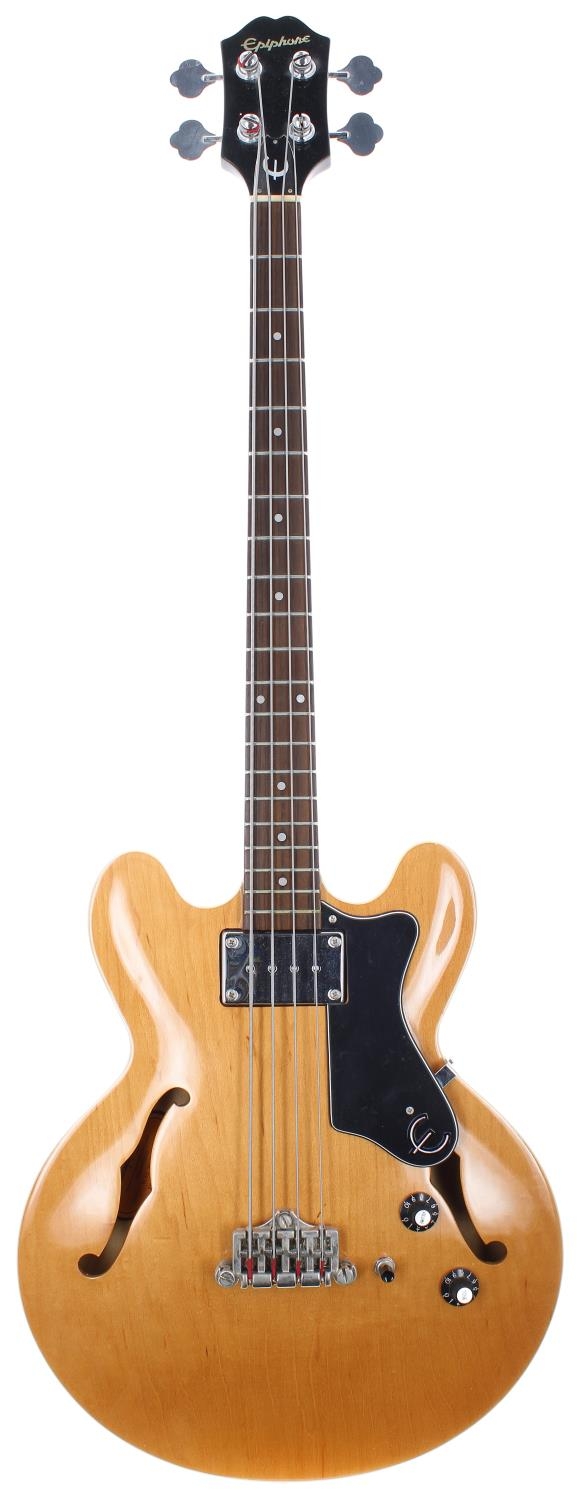 1996 Epiphone Rivoli semi-hollow body bass guitar, made in Korea; Body: natural finish; Neck: neck