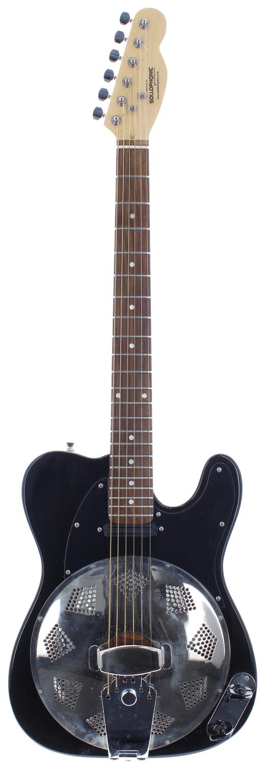 Sollophonic custom made Tele type electric resonator guitar; Body: black finish; Neck: maple;