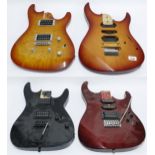 Four Superstrat Type guitar bodies for projects, three fitted with some electronics and hardware (4)