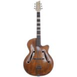 1950s European archtop guitar; Body: stripped and varnished maple back and sides, spruce top,
