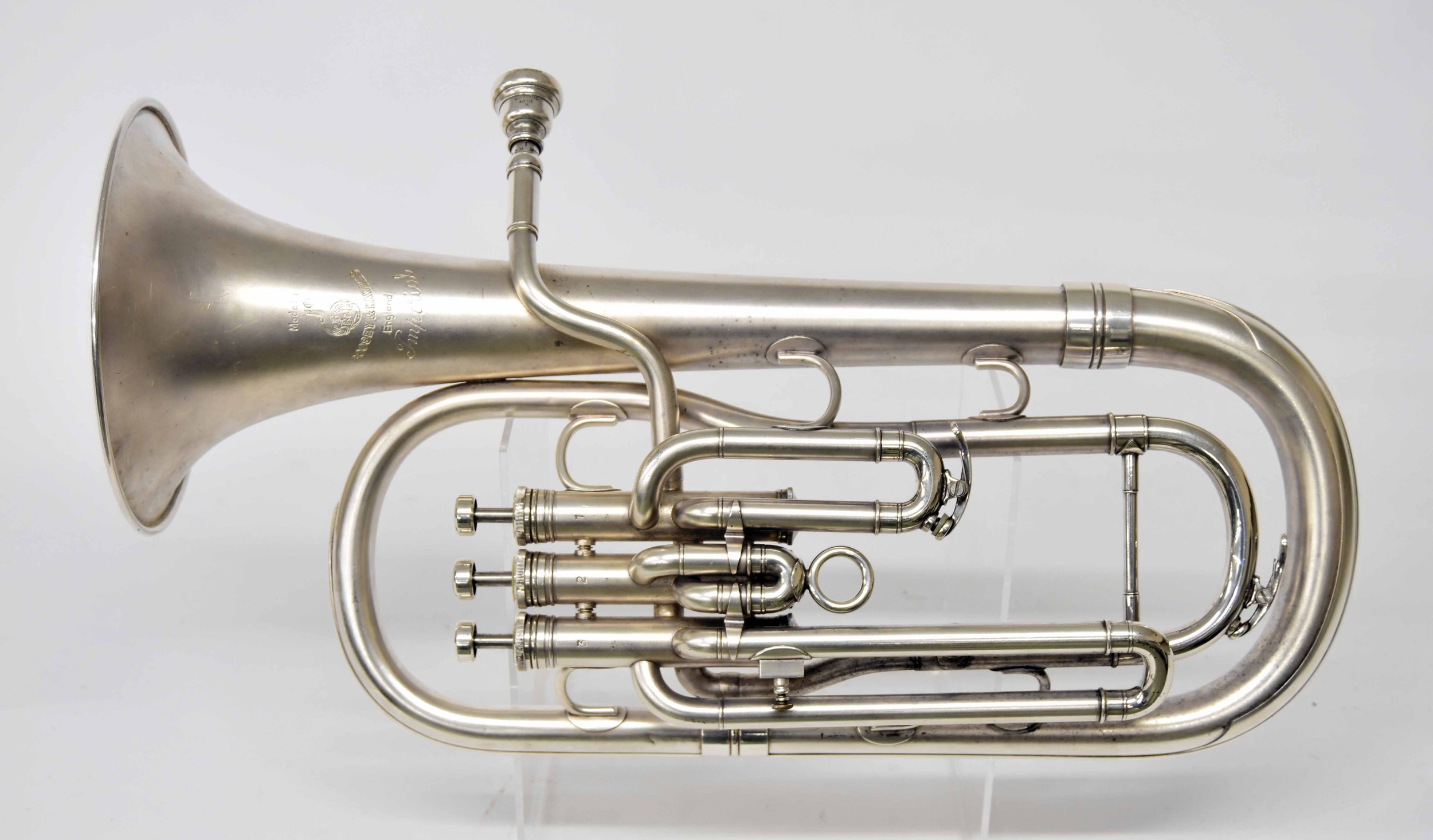 Boosey & Hawkes Imperial silver plated tenor horn, ser. no. 593739, mouthpiece, music clip and case