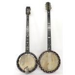 Five string zither banjo, with walnut inlaid resonator, original 7.5" skin, geometric and mother