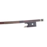Nickel mounted violin bow stamped Emile Ouchard, the stick round, the ebony frog inlaid with pearl