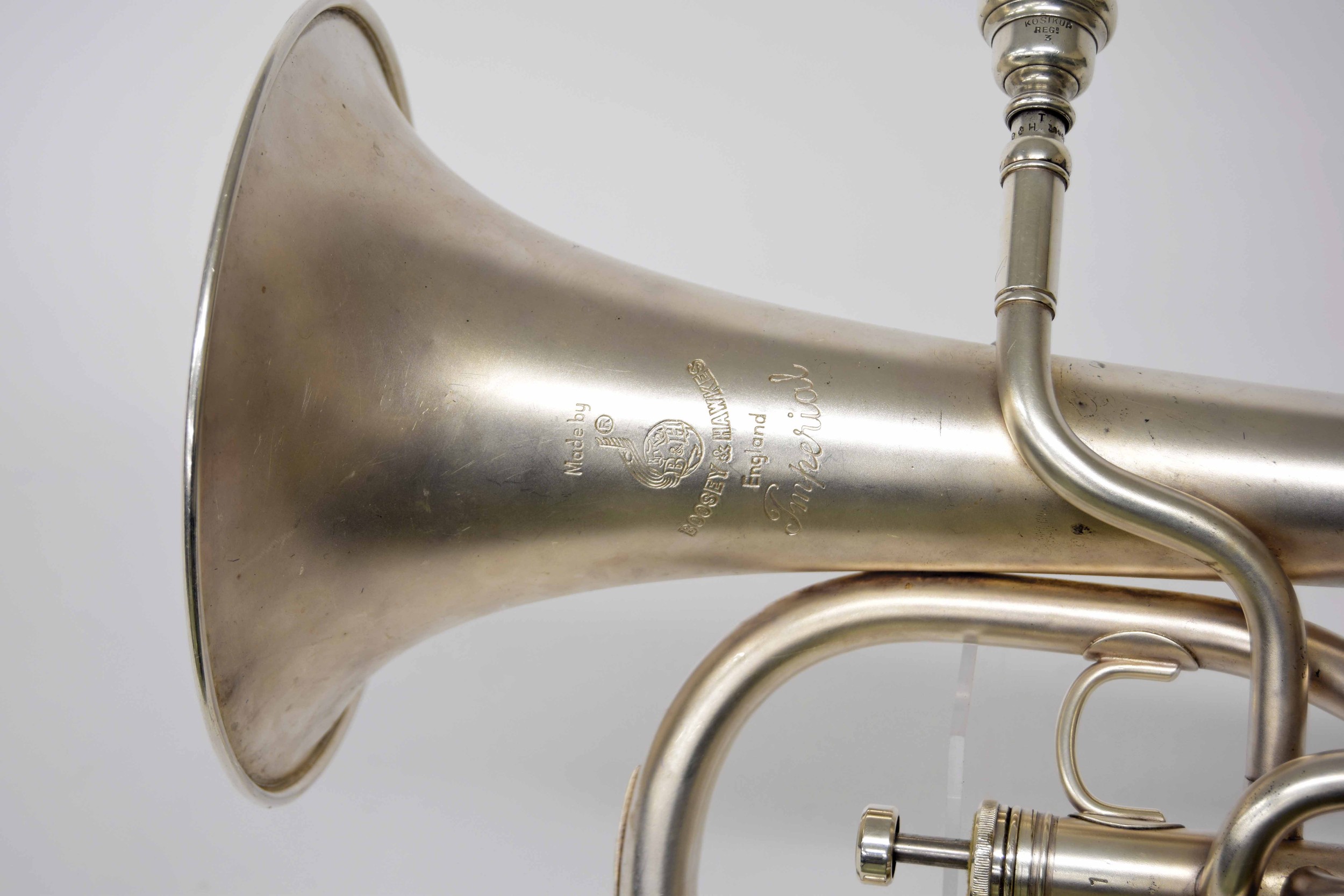 Boosey & Hawkes Imperial silver plated tenor horn, ser. no. 593739, mouthpiece, music clip and case - Image 2 of 2