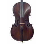 Interesting 18th century violoncello, unlabelled, the two piece back of faint medium curl with