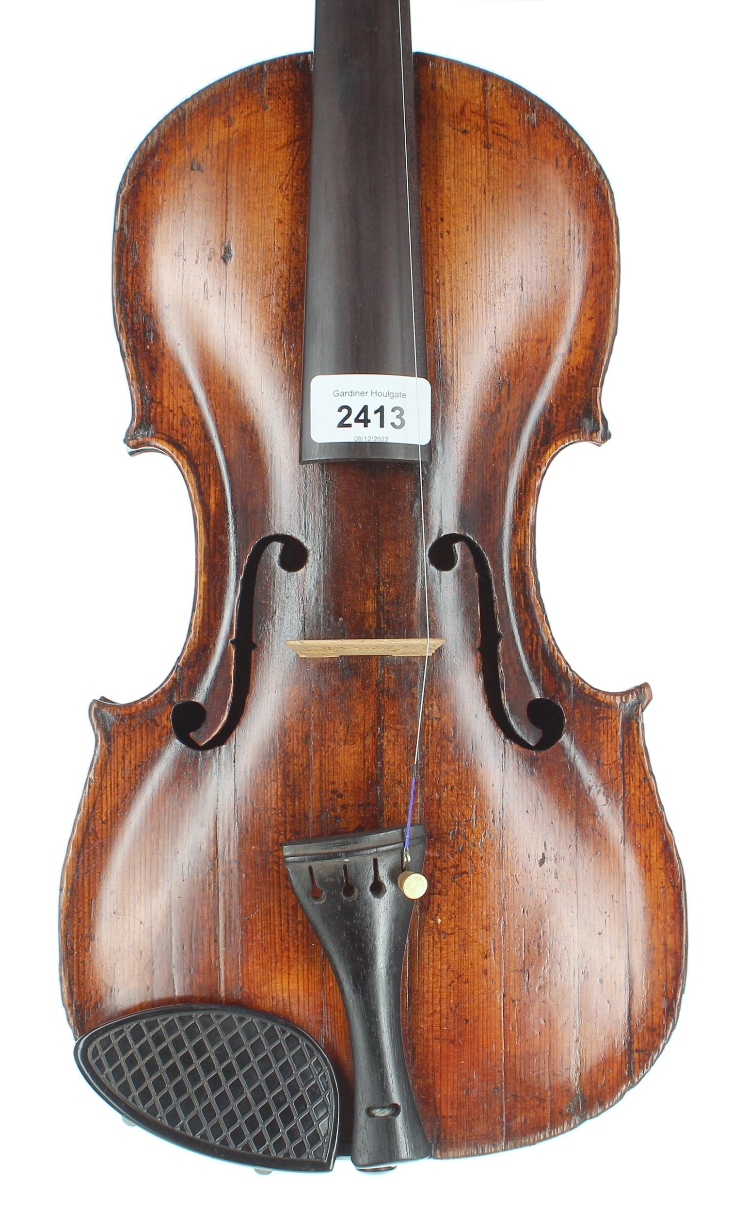 Interesting early 19th century violin with inked purfling and in need of restoration labelled John