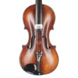 Interesting 19th century violin labelled B. Ruggerius..., 14 3/16", 36cm, bow, case (repaired