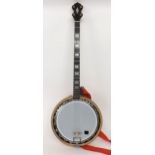 Contemporary plectrum zither type banjo, with maple resonator and mother of pearl slot inlay to
