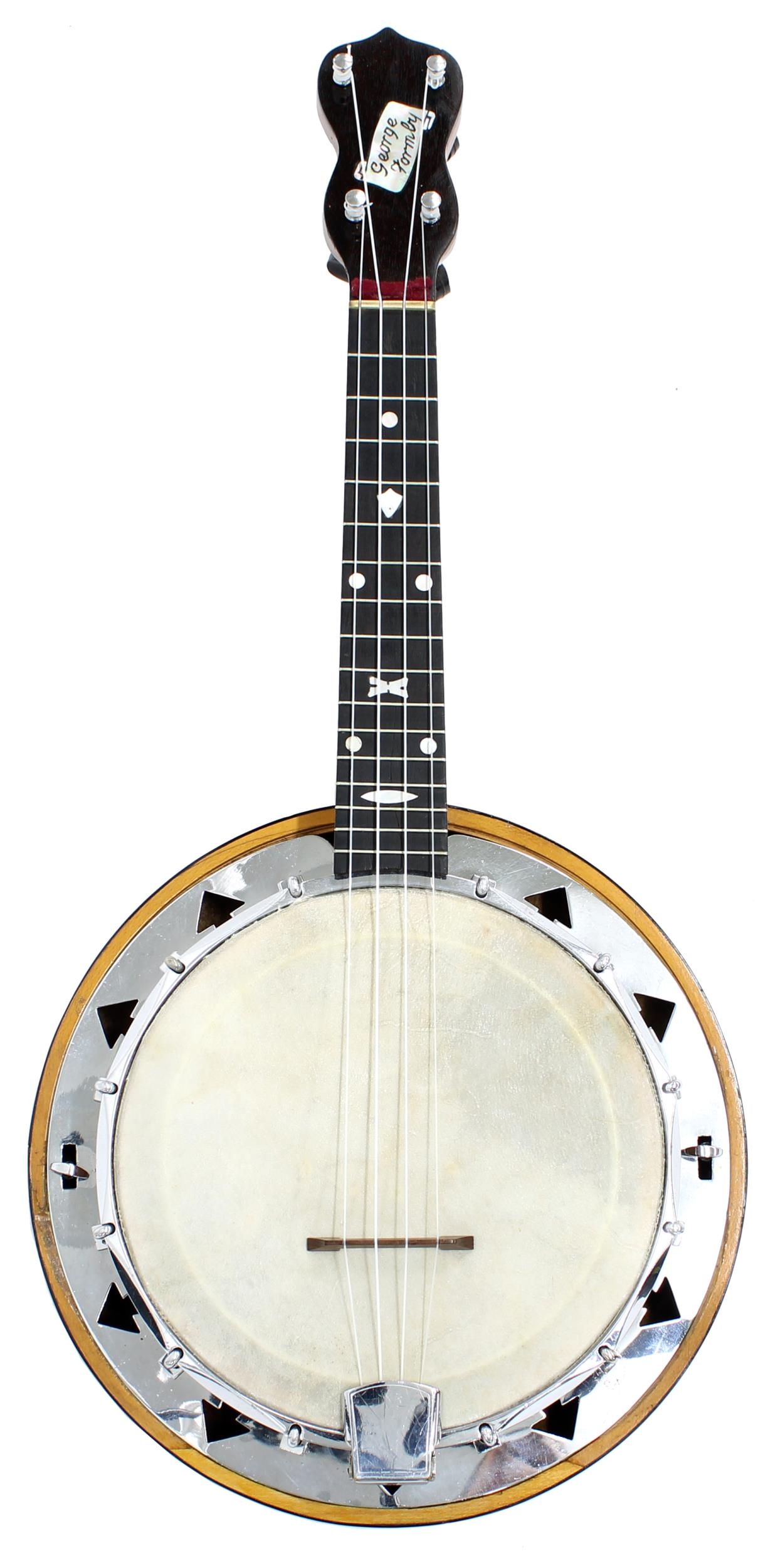 George Formby Dallas E banjolele, with geometric mother of pearl inlay to the fretboard, bearing