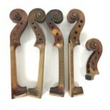 Five old violin necks and scrolls (5)
