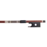 Good English silver mounted violin bow by and stamped Taylor, the stick round, the ebony frog inlaid