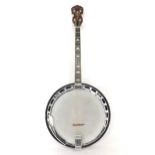 Good Gold Tone tenor banjo, with inlay banded sunburst resonator, 11" skin and mother of pearl cloud