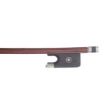 Nickel mounted violoncello bow stamped Emile Ouchard, the ebony frog inlaid with nickel rings