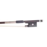 Silver mounted violin bow stamped Flaurus, the stick round, the ebony frog inlaid with pearl eyes