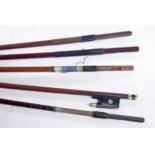 Old nickel mounted violin bow, unstamped; also four interesting old bow sticks, all unstamped (5)