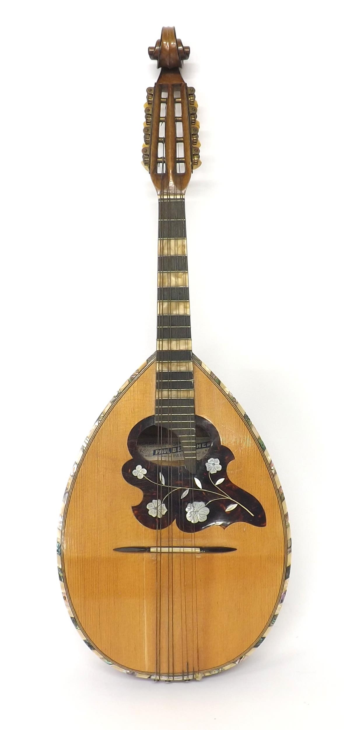 Unusual flatback pear shaped mandolin labelled Paul Beuscher, Instruments de Musique...Paris, with