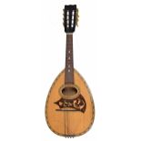 Pear shaped mandolin with decorated spruce table and open peg box, case
