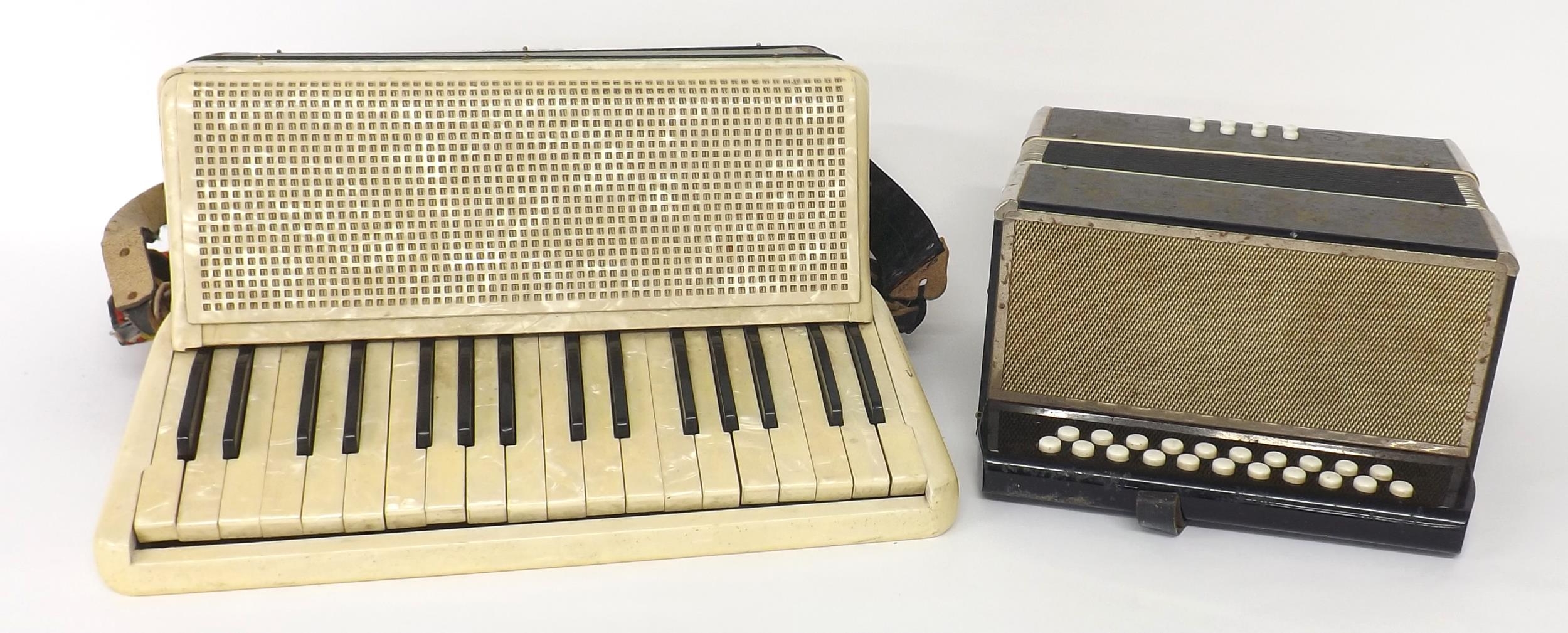 Hohner Verdi II eighty button piano accordion, case; also an old German melodeon (2)