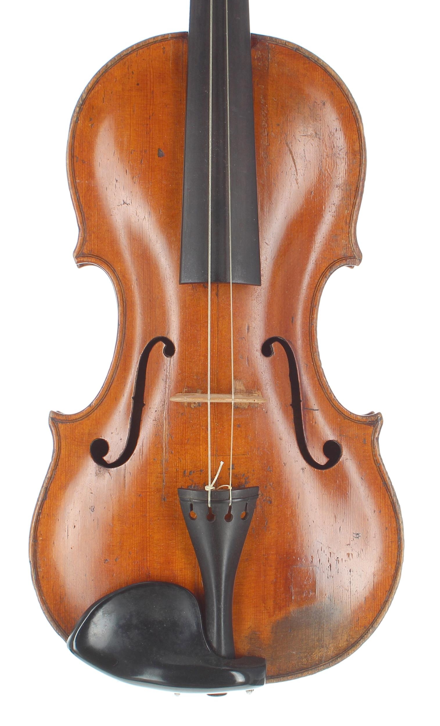 Interesting 19th century three-quarter size violin, unlabelled, 13 1/2", 34.30cm