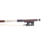 French nickel mounted violin bow (copy of Pecatte), unstamped, the stick round, the ebony frog