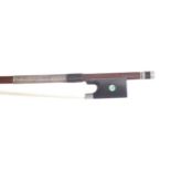 French silver mounted violin bow stamped Louis Bazin, the stick round, the ebony frog inlaid with