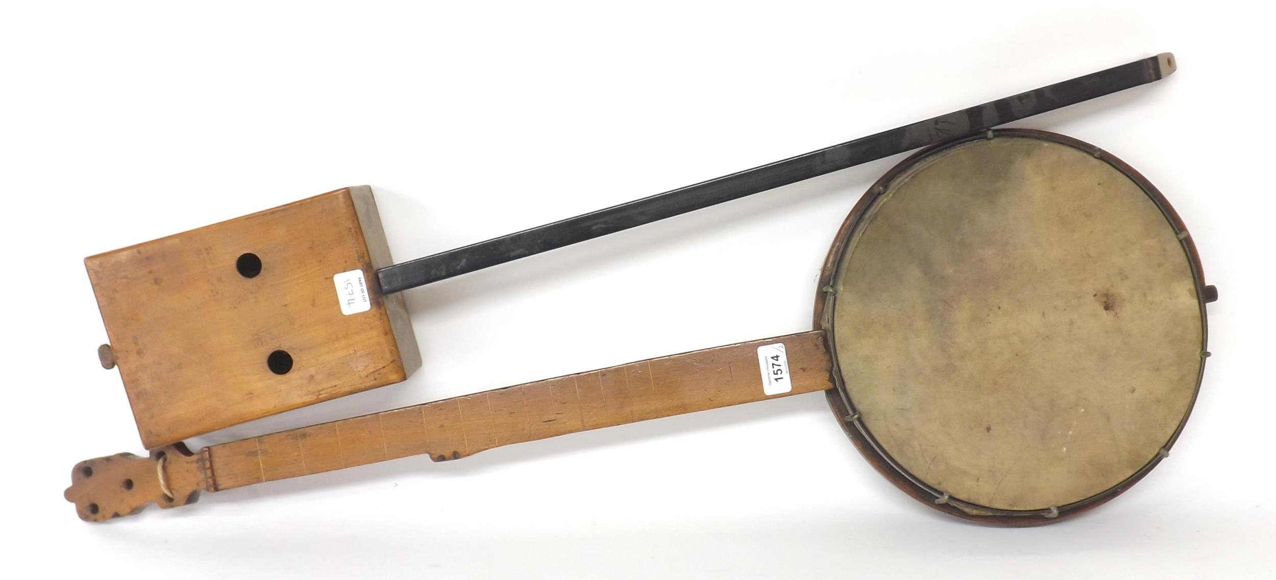 Antique five-string fretless banjo by and stamped John Alvey Turner, 33 Bishopsgate St, London, with