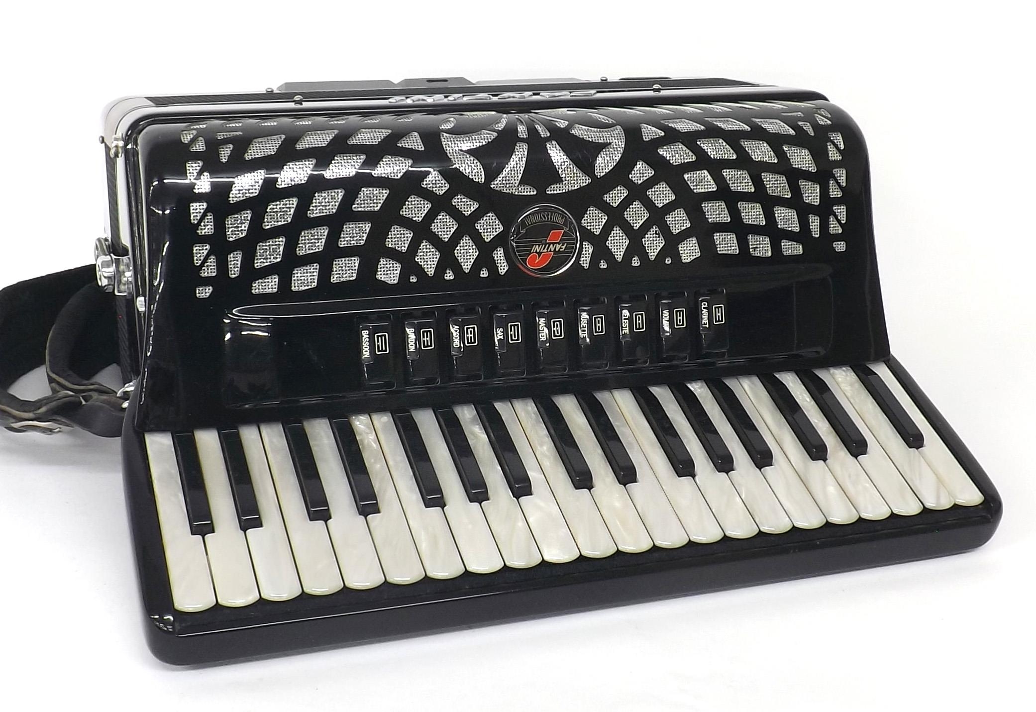 Fantini Professional Model piano accordion with ninety-six buttons and nine switches, black