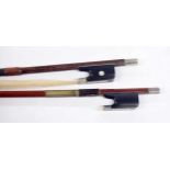 Old silver mounted violin bow, unstamped; also a nickel mounted violin bow, unstamped (2)