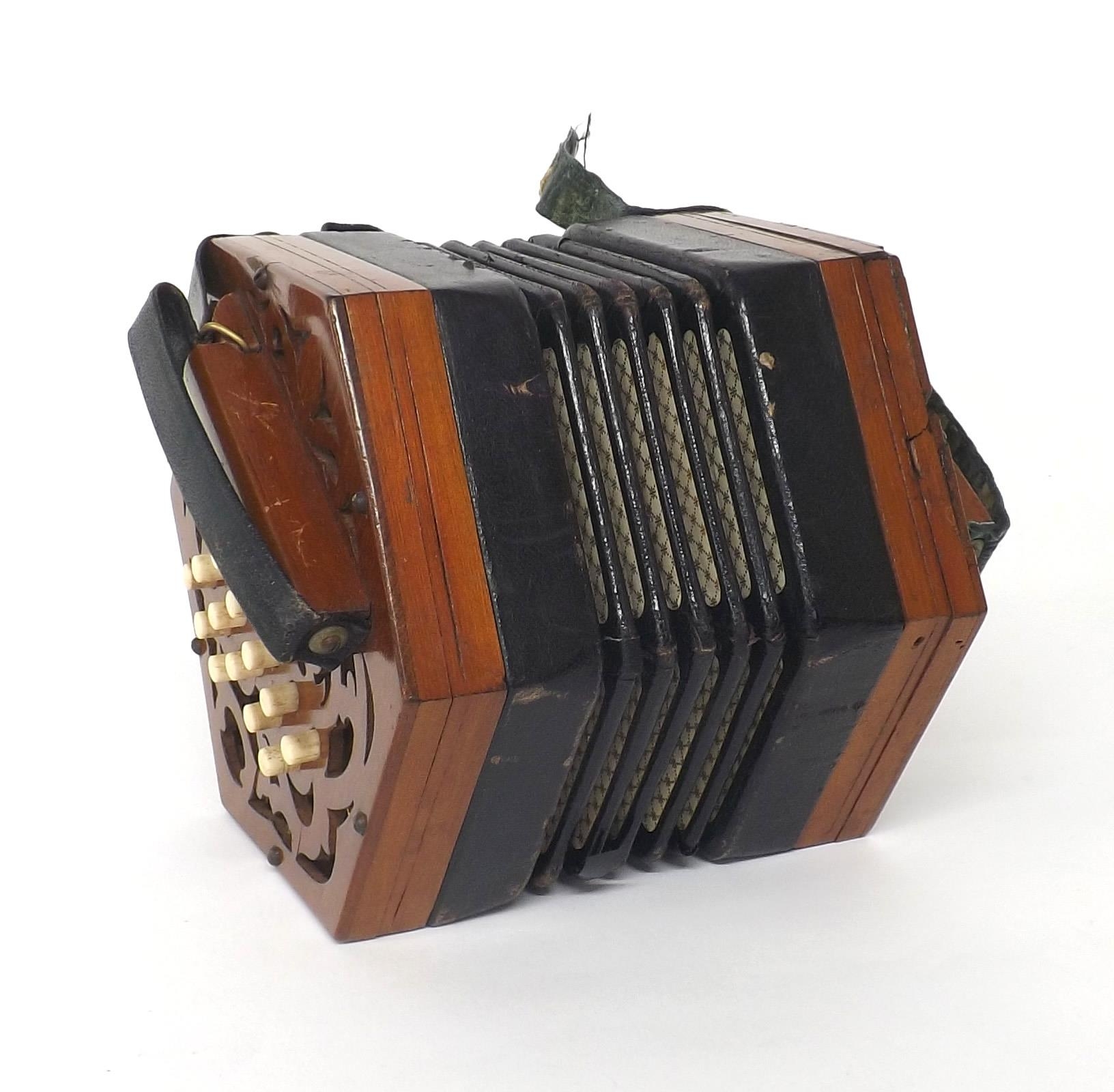 C. Jones concertina in need of restoration, with twenty-seven bone buttons on pierced mahogany ends, - Image 3 of 5