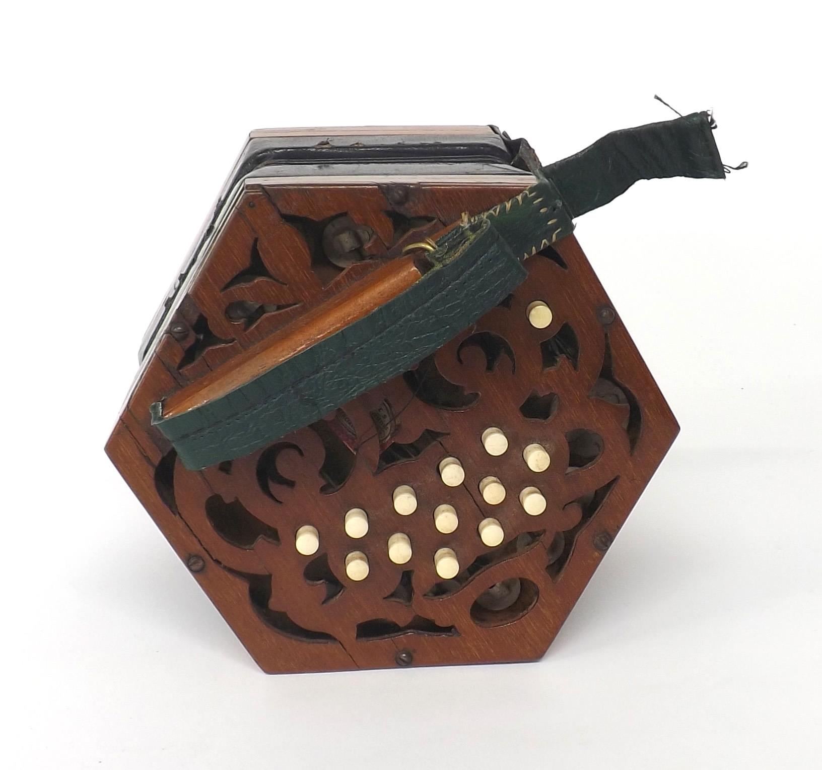 C. Jones concertina in need of restoration, with twenty-seven bone buttons on pierced mahogany ends, - Image 2 of 5