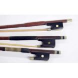 Three nickel mounted violoncello bows, unstamped (3)