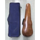 M.A. Gordge oblong fitted violin case with blue velvet plush lined interior, also a light oak Hill