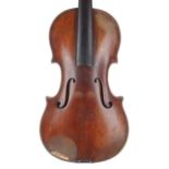 Interesting 19th century violin, unlabelled, the one piece back of a plainish wood