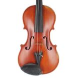 Violin stamped AM on the button, the one piece back of broad curl with similar wood to the sides,