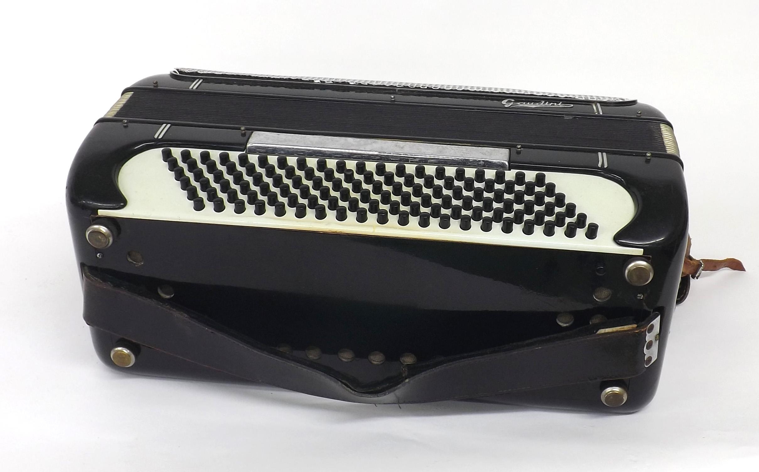 Gaudini piano accordion with one hundred and twenty buttons and five switches, black finish, case - Image 2 of 3