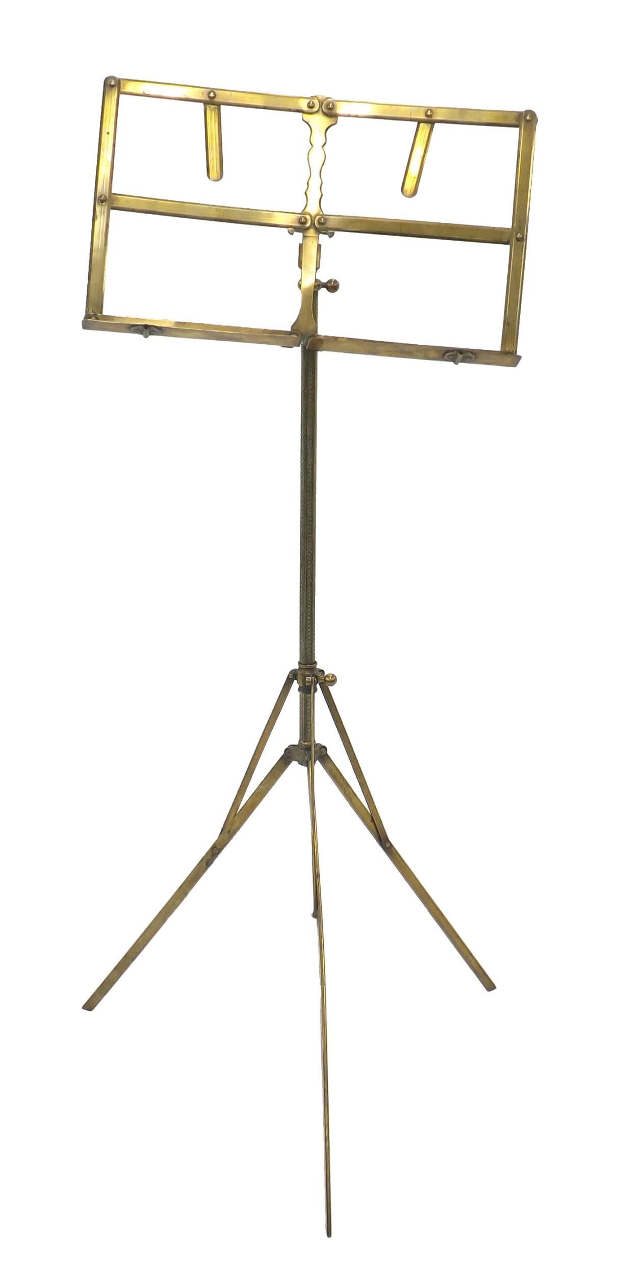 Late Victorian brass adjustable tripod music stand, with openwork ledge