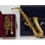 Buescher Aristocrat gold lacquered alto saxophone, low pitch, ser. no. 271572, crook but no